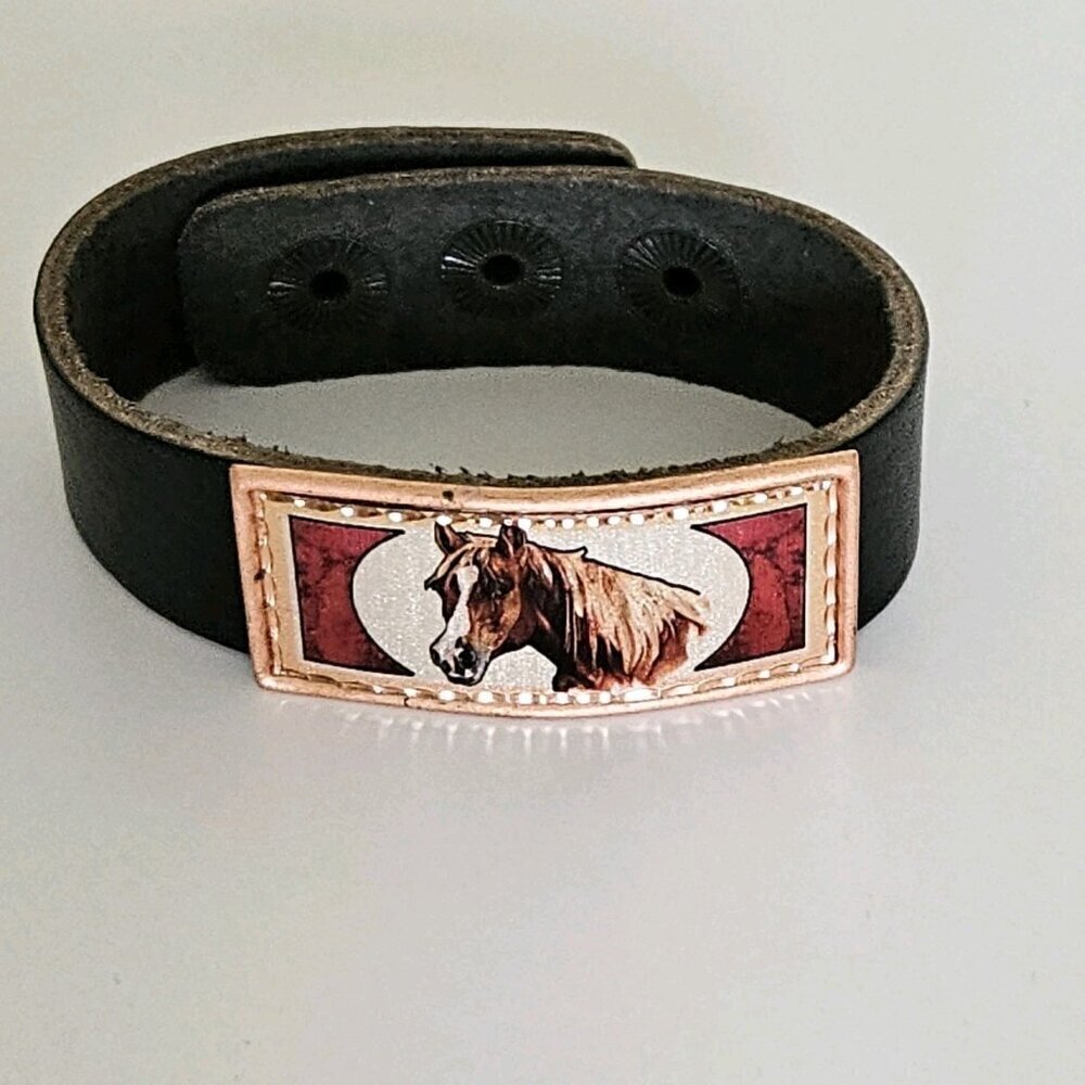 Unbranded Bracelet Copper Metal Front Plaque Horse Head Leather Snap On Closure